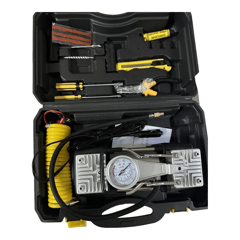 مضخة هواء للسيارة مع مؤشر، شريط واحد، صندوق أدوات مكون من 19 أسطوانة